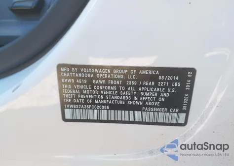 2015 Volkswagen Passat 1.8T Sport from USA, damaged, VIN 1VWBS7A35FC020365